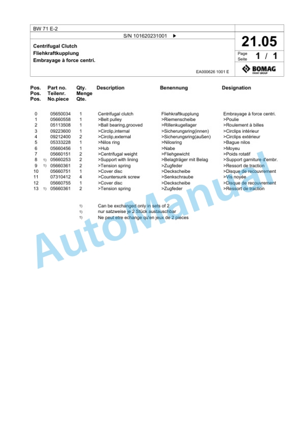 Bomag BW 71 E-2 Single-Drum Vibration Roller Spare Parts Catalogue 00817562-2