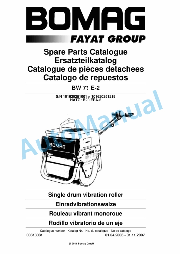 Bomag BW 71 E-2 Single-Drum Vibration Roller Spare Parts Catalogue 00818081