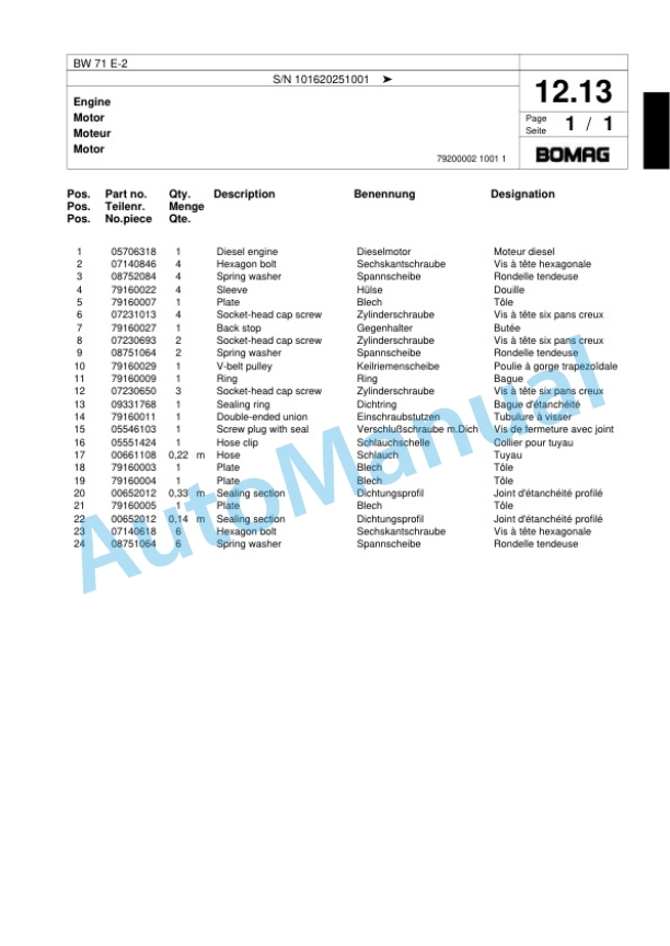Bomag BW 71 E-2 Single-Drum Vibration Roller Spare Parts Catalogue 00818081-2
