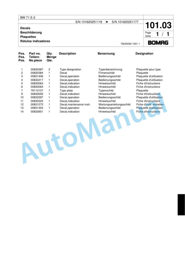Bomag BW 71 E-2 Single-Drum Vibration Roller Spare Parts Catalogue 00818081-5