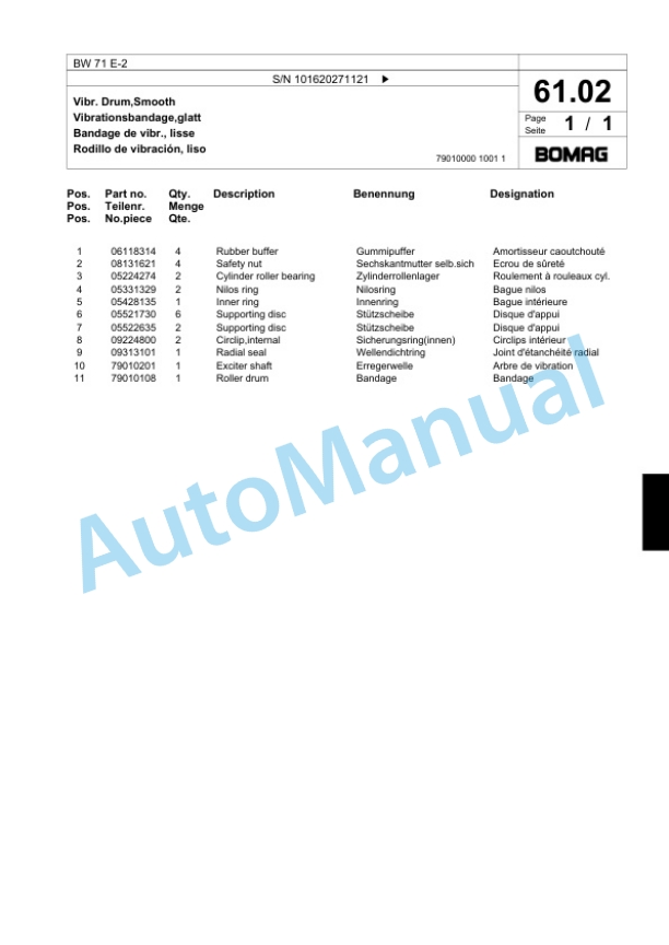 Bomag BW 71 E-2 Single-Drum Vibration Roller Spare Parts Catalogue 00818769-4