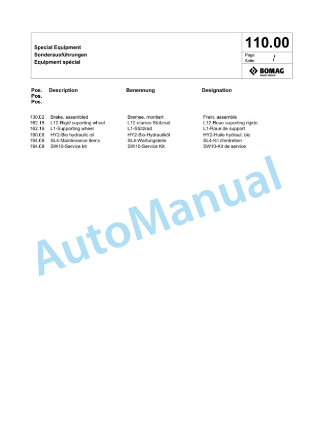 Bomag BW 71 E-2 Single-Drum Vibration Roller Spare Parts Catalogue 00825515-5