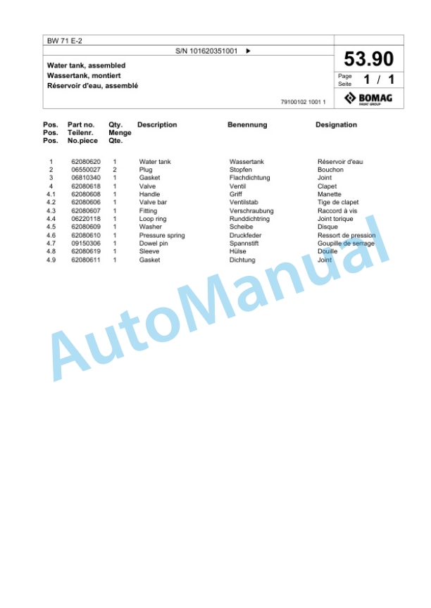 Bomag BW 71 E-2 Single-Drum Vibration Roller Spare Parts Catalogue 00825901-3