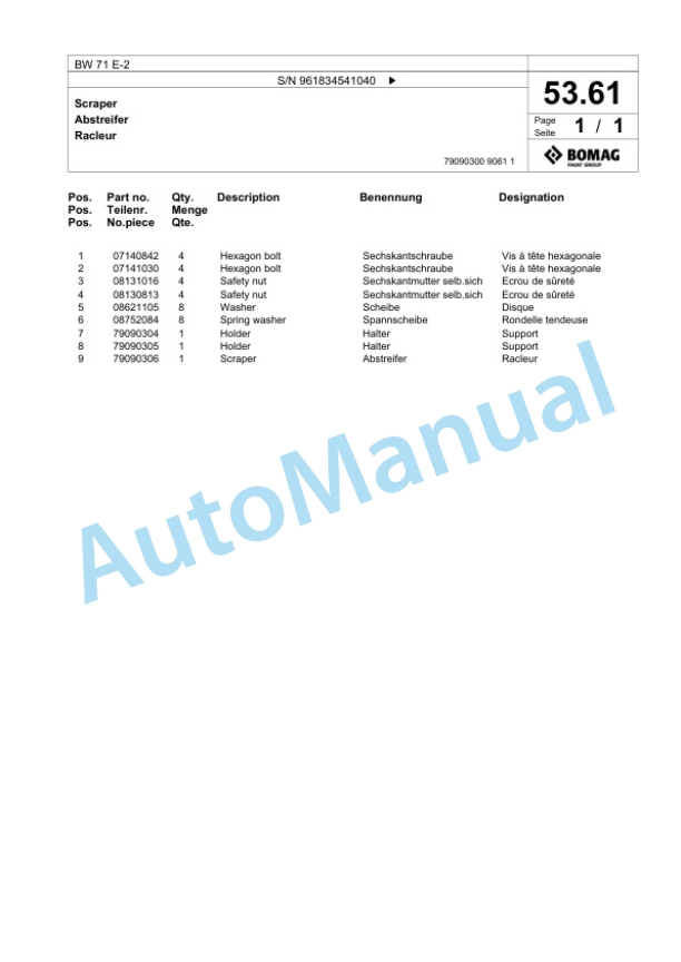 Bomag BW 71 E-2 Single-Drum Vibration Roller Spare Parts Catalogue 00826209-3