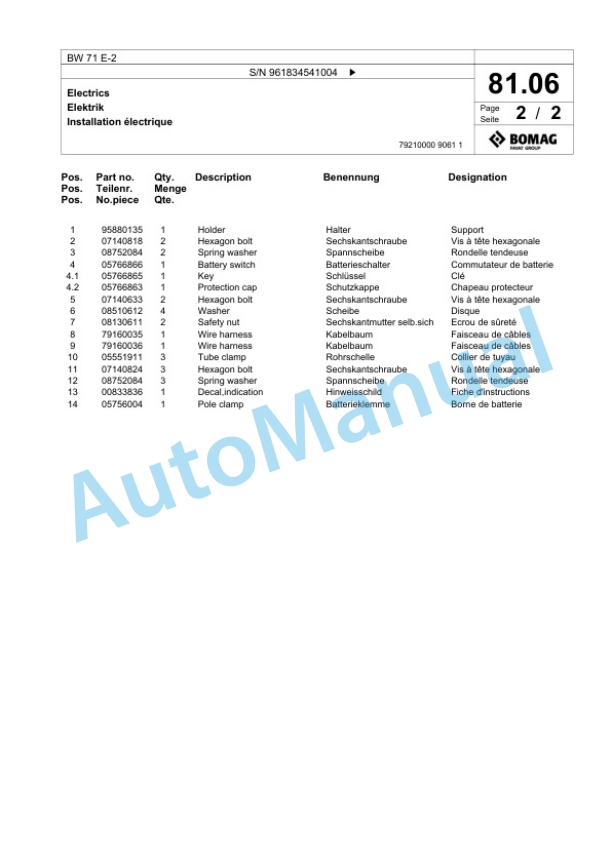 Bomag BW 71 E-2 Single-Drum Vibration Roller Spare Parts Catalogue 00826209-5