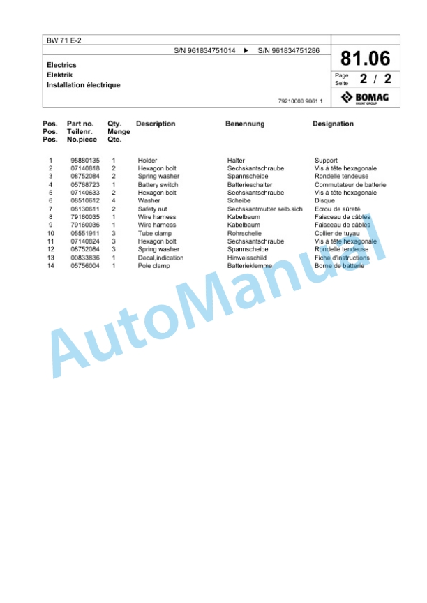 Bomag BW 71 E-2 Single-Drum Vibration Roller Spare Parts Catalogue 00826535-5
