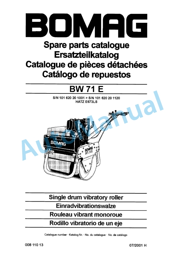 Bomag BW 71 E Single Drum Vibratory Roller Spare Parts Catalogue 00811013