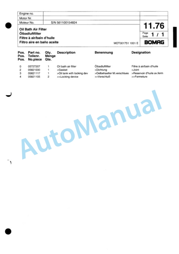 Bomag BW 71 E Single Drum Vibratory Roller Spare Parts Catalogue 00817249-2