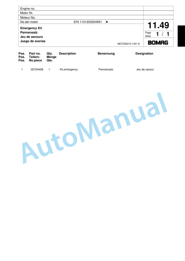 Bomag BW 71 EHB-2 Single-Drum Vibration Roller Spare Parts Catalogue 00817601-2
