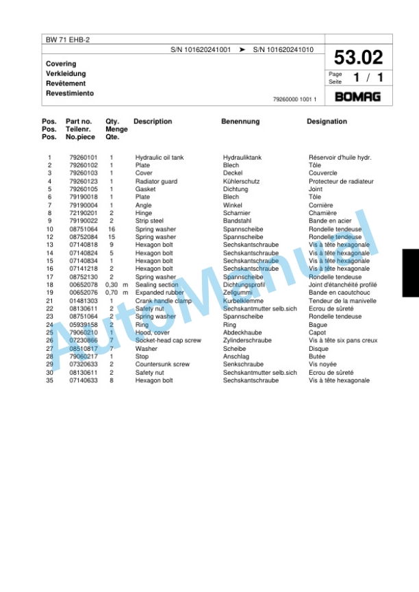 Bomag BW 71 EHB-2 Single-Drum Vibration Roller Spare Parts Catalogue 00817601-4