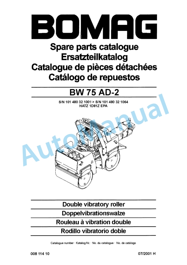 Bomag BW 75 AD-2 Double Vibratory Roller Spare Parts Catalogue 00811410