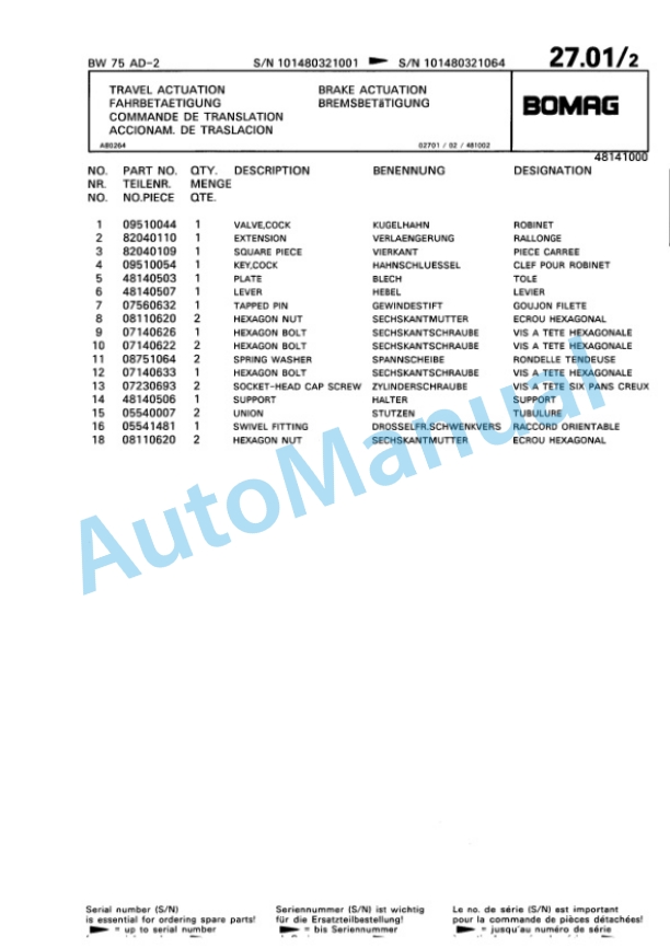 Bomag BW 75 AD-2 Double Vibratory Roller Spare Parts Catalogue 00811410-2