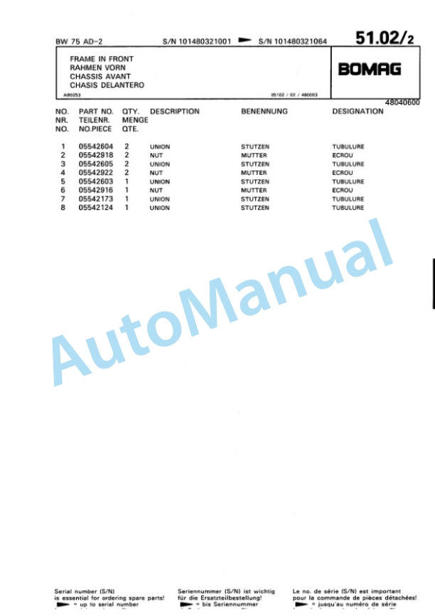 Bomag BW 75 AD-2 Double Vibratory Roller Spare Parts Catalogue 00811410-3