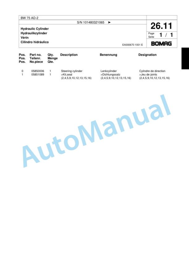 Bomag BW 75 AD-2 Double Vibratory Roller Spare Parts Catalogue 00817563-2