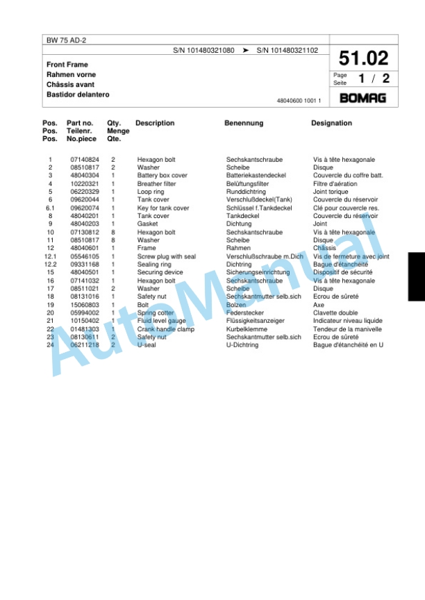 Bomag BW 75 AD-2 Double Vibratory Roller Spare Parts Catalogue 00817563-3