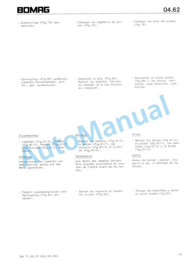 Bomag BW 75 AD, BW 75 ADL, BW 90 ADL Tandem Vibrating Roller Repair Instructions 00819015-3