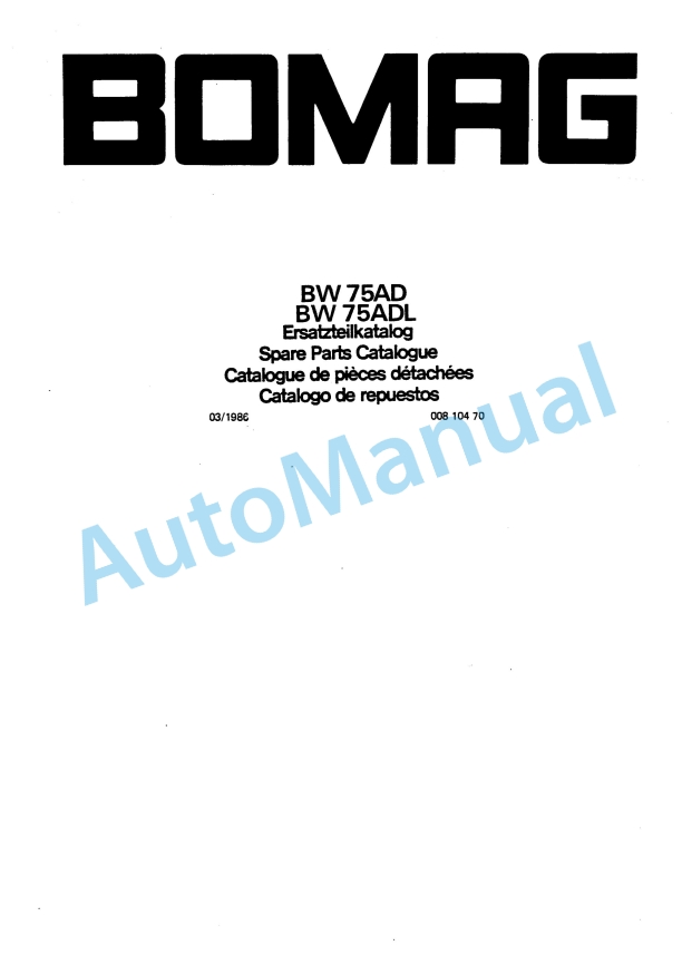 Bomag BW 75 AD, BW 75 ADL Double Vibratory Roller Spare Parts Catalogue 00810470