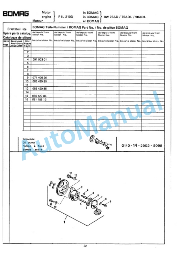 Bomag BW 75 AD, BW 75 ADL Double Vibratory Roller Spare Parts Catalogue 00810470-5