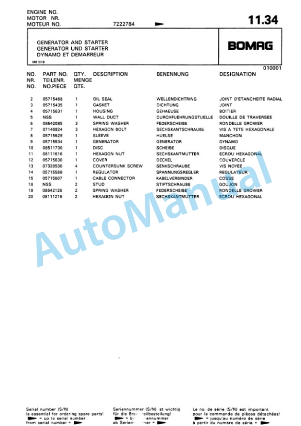Bomag BW 75 AD Double Vibratory Roller Spare Parts Catalogue 00810032-2