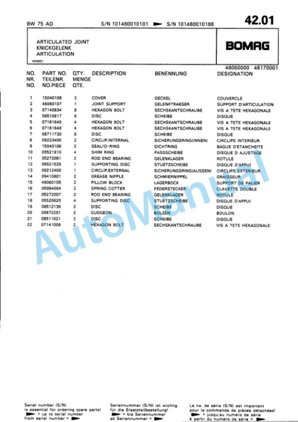 Bomag BW 75 AD Double Vibratory Roller Spare Parts Catalogue 00810032-4
