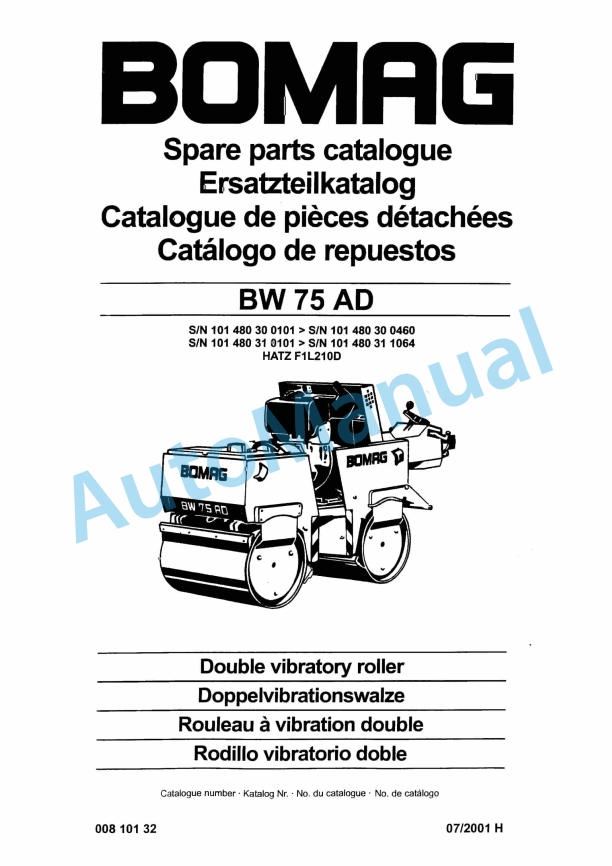 Bomag BW 75 AD Double Vibratory Roller Spare Parts Catalogue 00810132