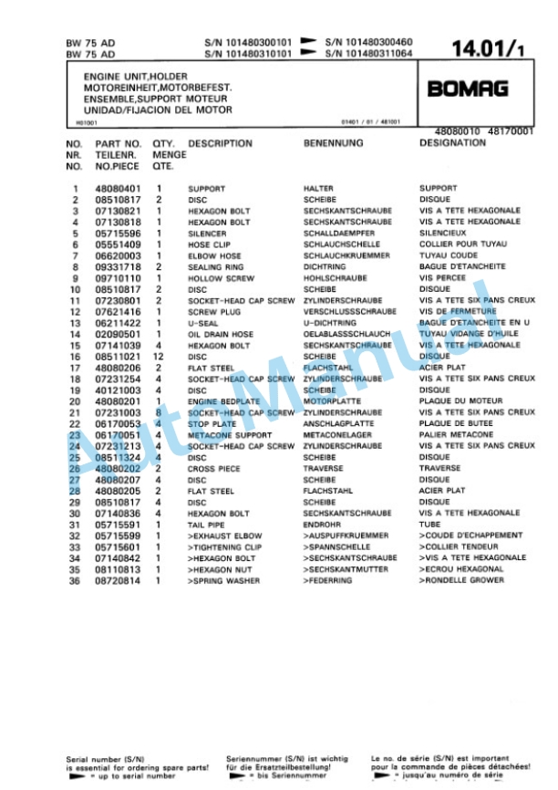 Bomag BW 75 AD Double Vibratory Roller Spare Parts Catalogue 00810132-2