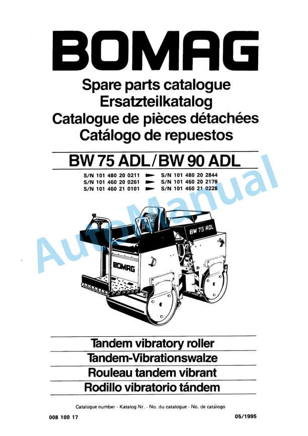 Bomag BW 75 ADL, BW 90 ADL Tandem Vibratory Roller Spare Parts Catalogue 00810017