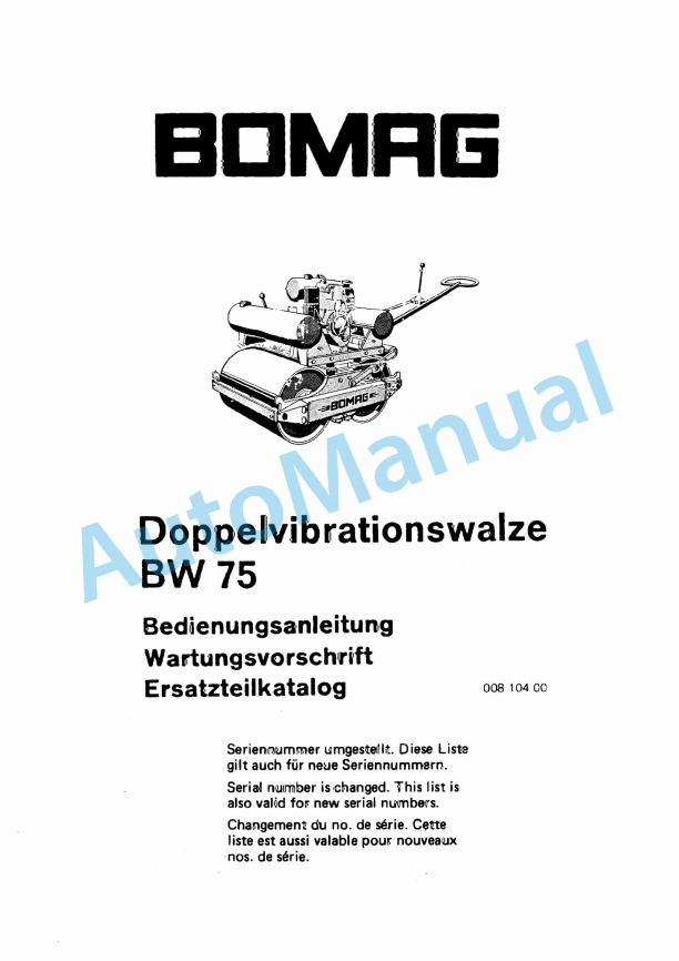 Bomag BW 75 Double Vibratory Roller Spare Parts Catalogue 00810400 GE