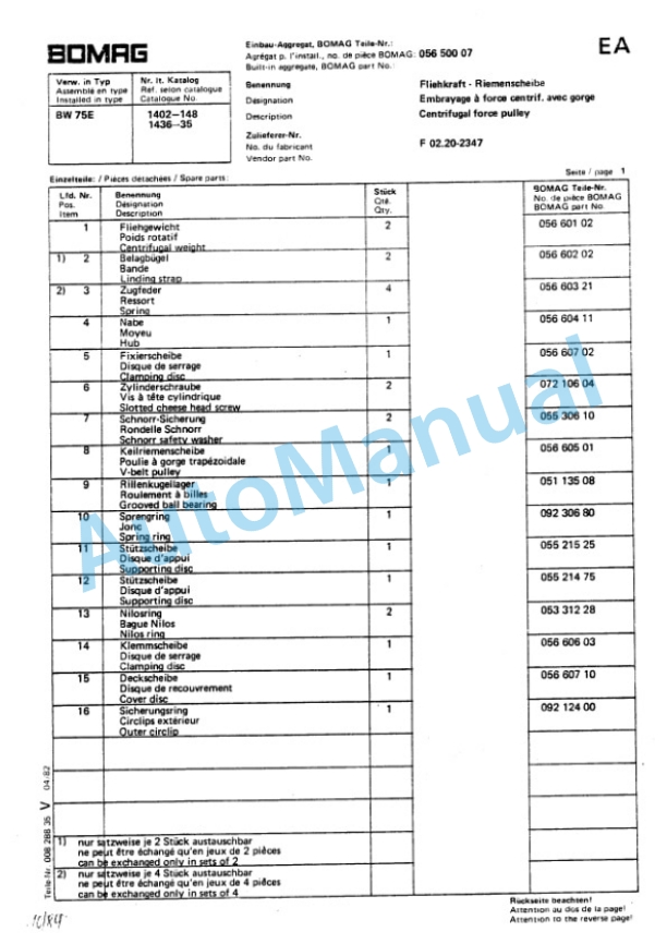 Bomag BW 75 E Double Vibratory Roller Spare Parts Catalogue 00811010-4