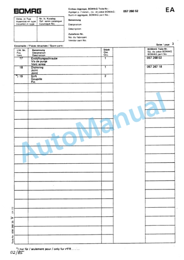Bomag BW 75 E Double Vibratory Roller Spare Parts Catalogue 00811010-5