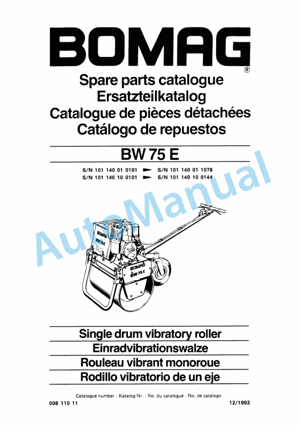 Bomag BW 75 E Single Drum Vibratory Roller Spare Parts Catalogue 00811011