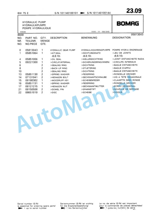 Bomag BW 75 E Single Drum Vibratory Roller Spare Parts Catalogue 00811011-3