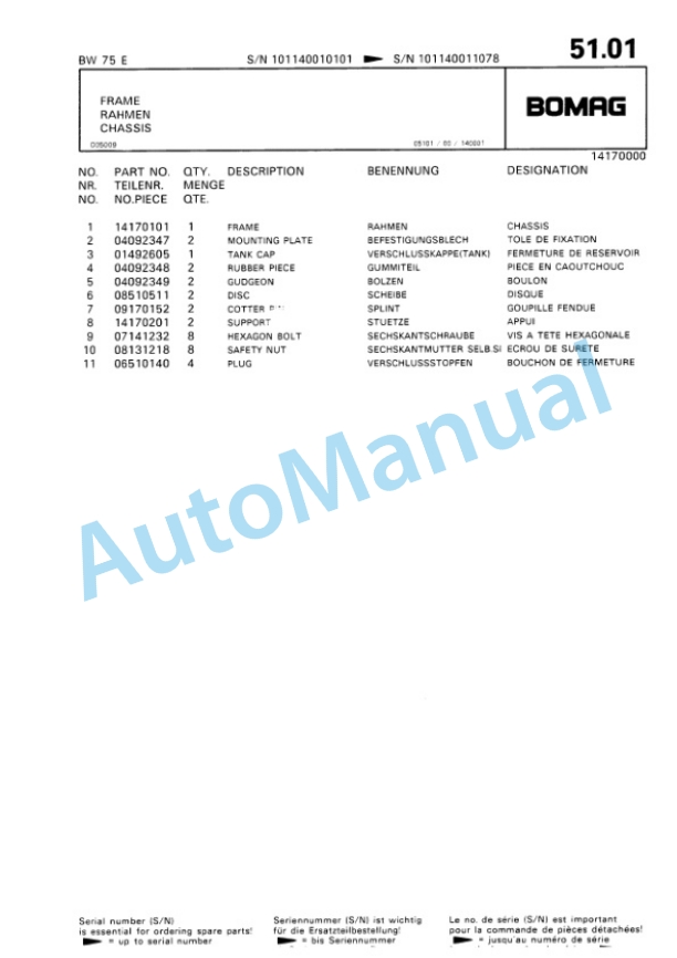 Bomag BW 75 E Single Drum Vibratory Roller Spare Parts Catalogue 00811011-4