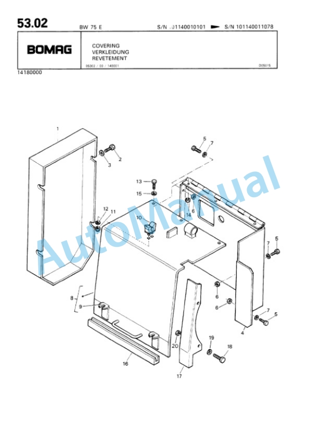 Bomag BW 75 E Single Drum Vibratory Roller Spare Parts Catalogue 00811011-5
