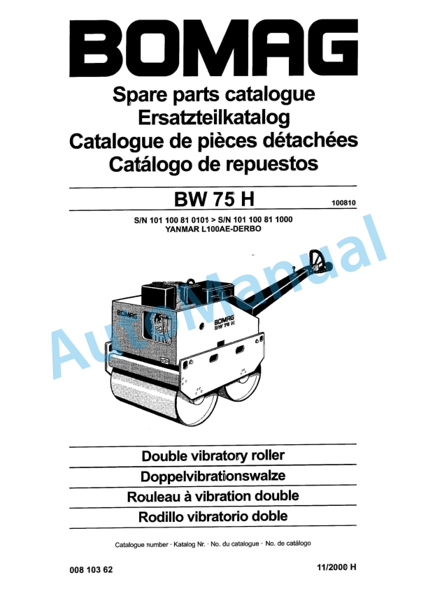 Bomag BW 75 H Double Vibratory Roller Spare Parts Catalogue 00810362