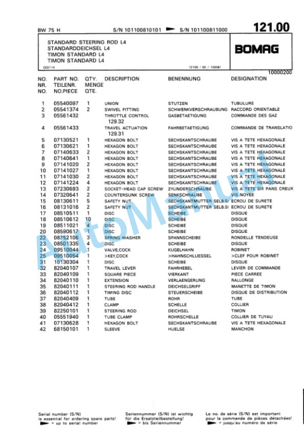 Bomag BW 75 H Double Vibratory Roller Spare Parts Catalogue 00810362-5
