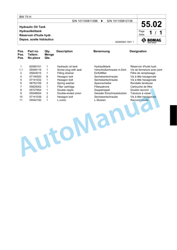 Bomag BW 75 H Double Vibratory Roller Spare Parts Catalogue 00817564-3