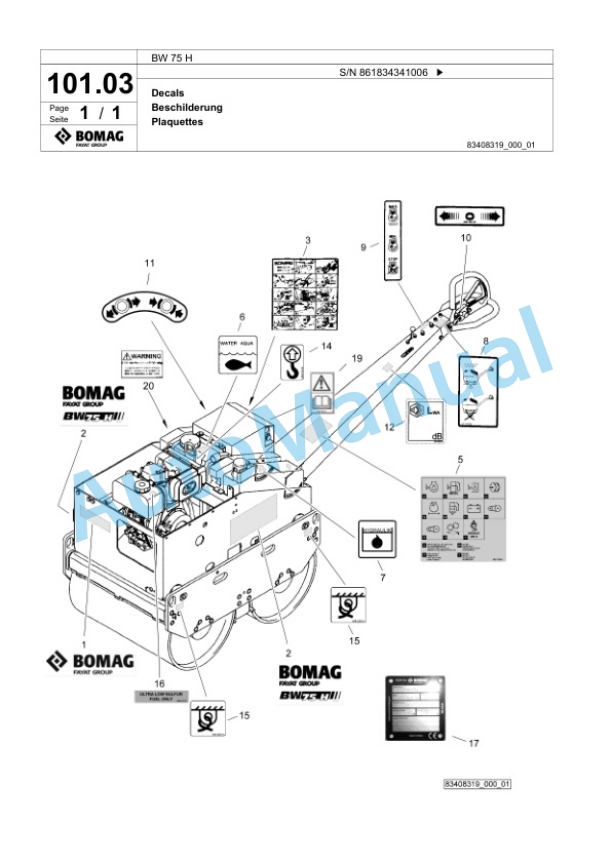 Bomag BW 75 H Double Vibratory Roller Spare Parts Catalogue 00825327-5