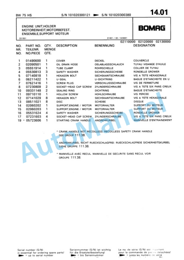 Bomag BW 75 HS Double Vibratory Roller Spare Parts Catalogue 00810015-2