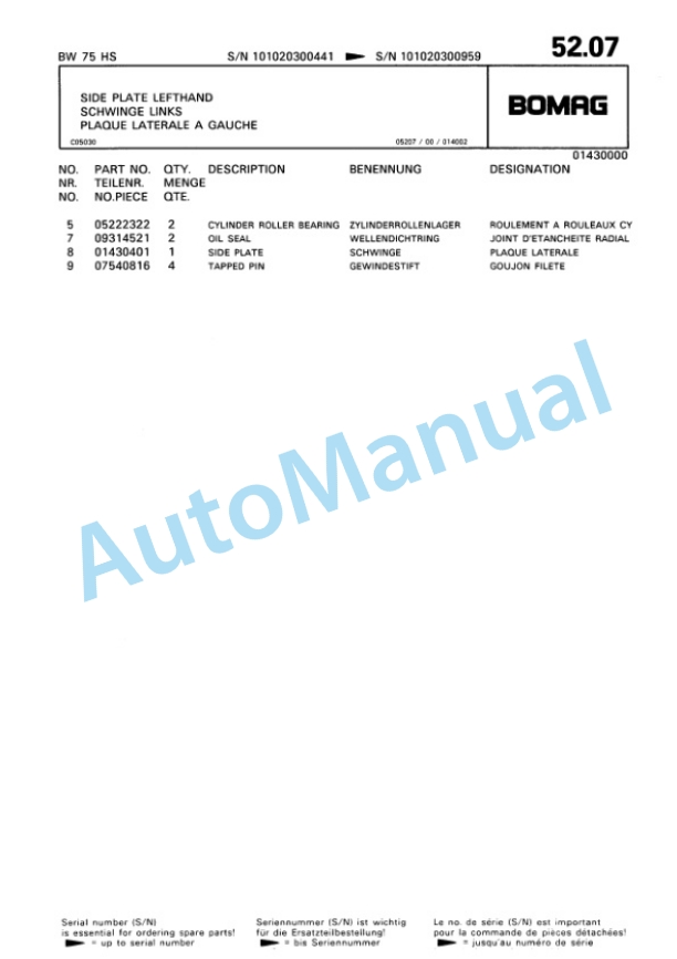 Bomag BW 75 HS Double Vibratory Roller Spare Parts Catalogue 00810015-4