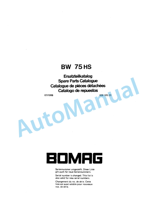 Bomag BW 75 HS Double Vibratory Roller Spare Parts Catalogue 00810520