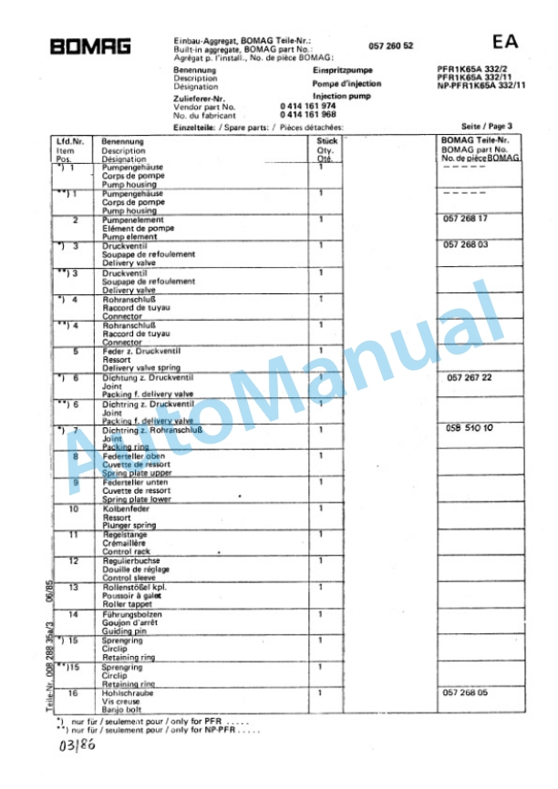 Bomag BW 75 HS Double Vibratory Roller Spare Parts Catalogue 00810520-5