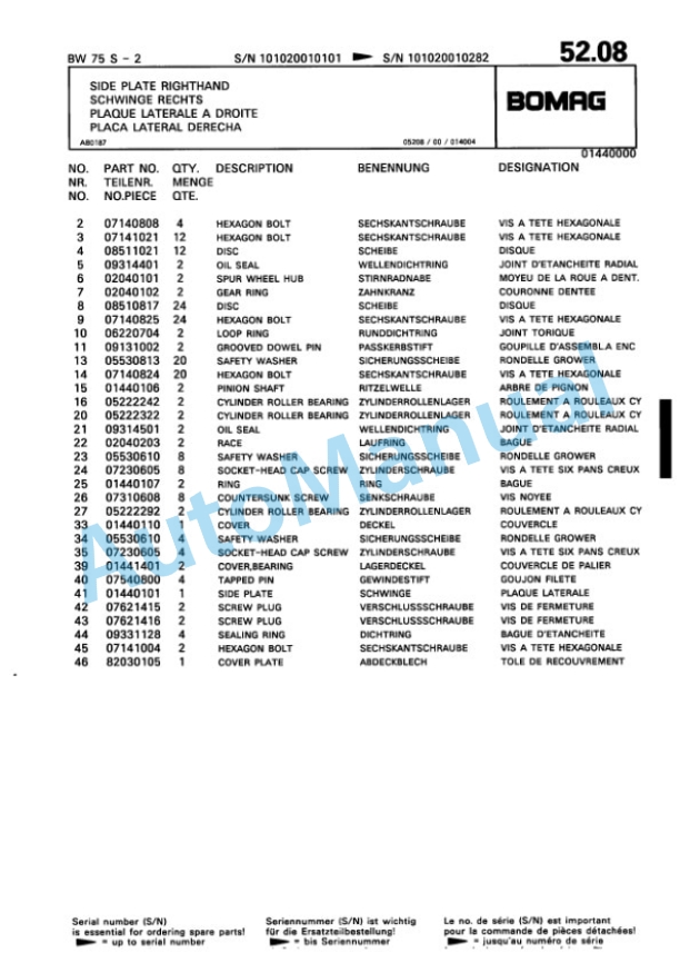 Bomag BW 75 S-2 Double Vibratory Roller Spare Parts Catalogue 00811409-3
