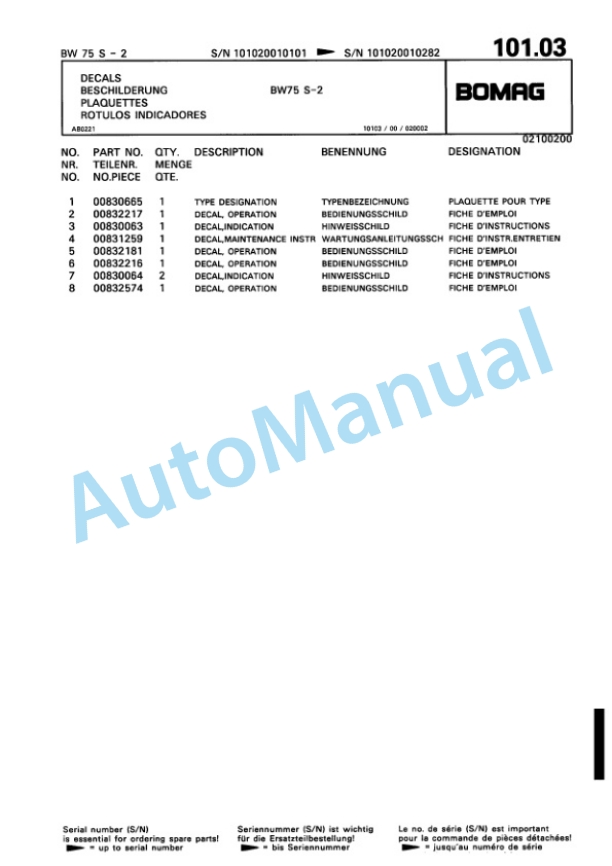 Bomag BW 75 S-2 Double Vibratory Roller Spare Parts Catalogue 00811409-5