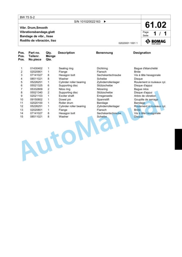 Bomag BW 75 S-2 Double Vibratory Roller Spare Parts Catalogue 00817971-4