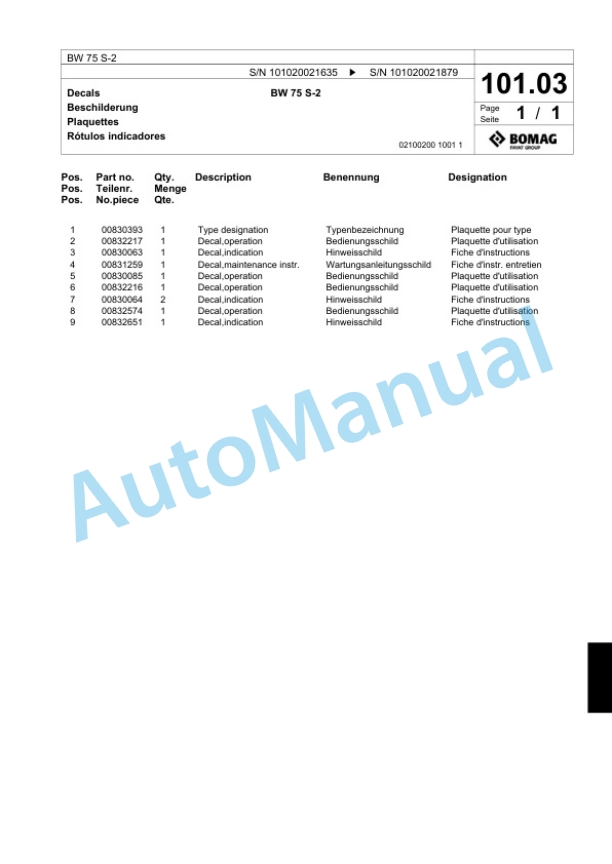 Bomag BW 75 S-2 Double Vibratory Roller Spare Parts Catalogue 00817971-5