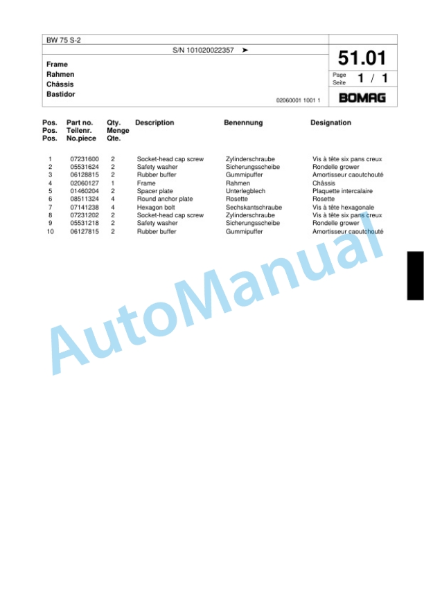 Bomag BW 75 S-2 Double Vibratory Roller Spare Parts Catalogue 00818781-3