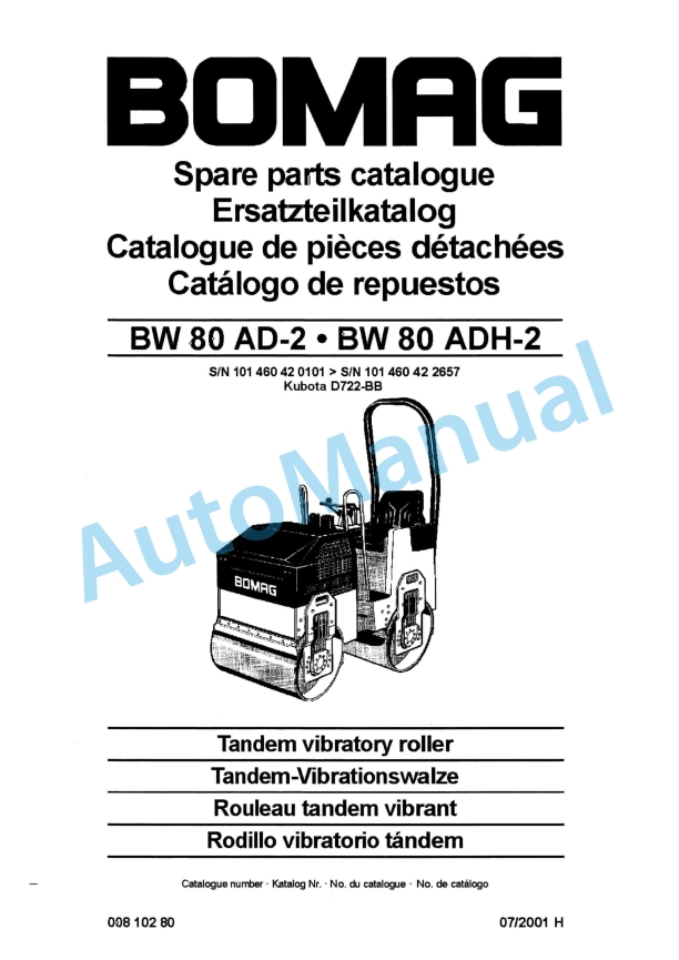 Bomag BW 80 AD-2, BW 80 ADH-2 Tandem Vibratory Roller Spare Parts Catalogue 00810280