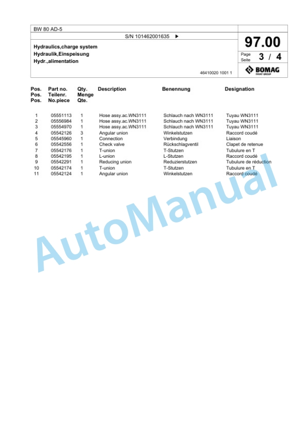 Bomag BW 80 AD-5 Tandem Vibratory Roller Spare Parts Catalogue 00824117-3