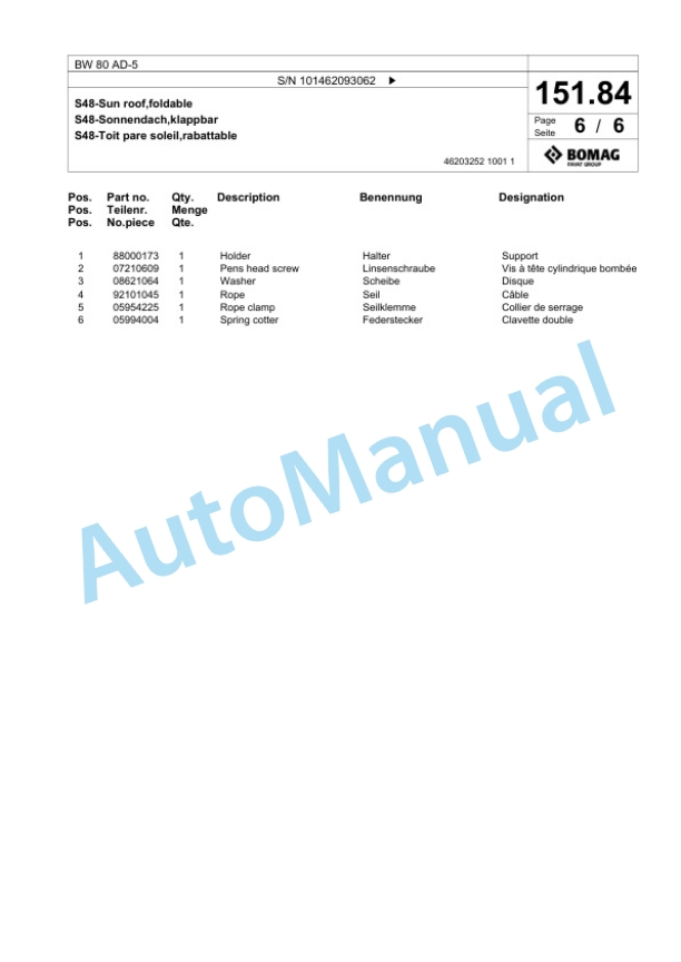 Bomag BW 80 AD-5 Tandem Vibratory Roller Spare Parts Catalogue 00825283-3
